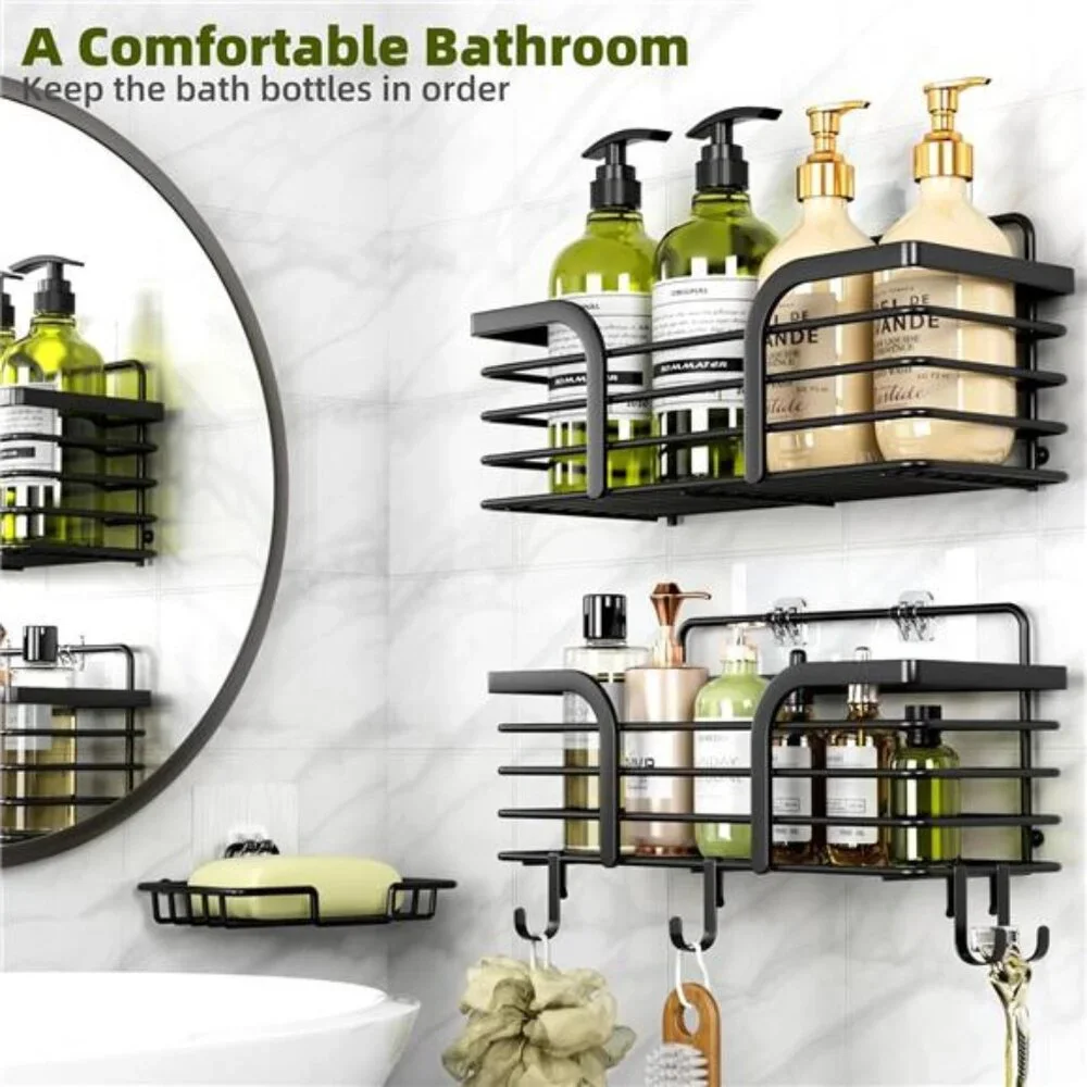 Shower Caddy, Adhesive Shower Organizer with Soap Dish and 4 Hooks, Rustproof